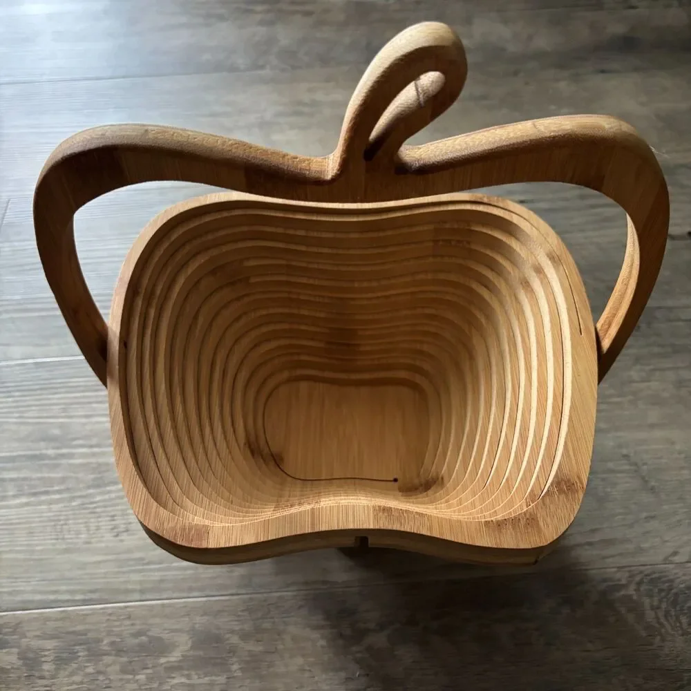 Apple Shaped Collapsible Bamboo Fruit Basket Folding Bread Bowl Serving Basket